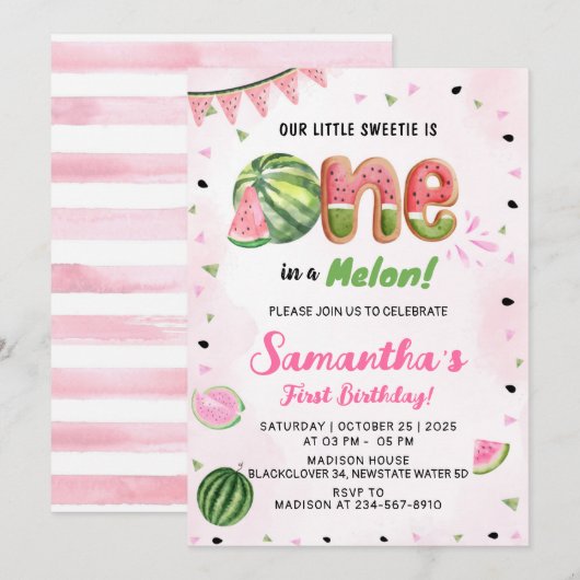 Watermeloen 1e Verjaardagsfeest Uitnodiging (Voorkant / Achterkant)