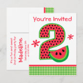 Watermeloen 2e verjaardag Gingham Uitnodiging Briefkaart (Voorkant / Achterkant)