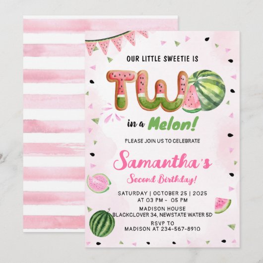 Watermeloen 2e Verjaardagsfeestuitnodiging Kaart (Voorkant / Achterkant)