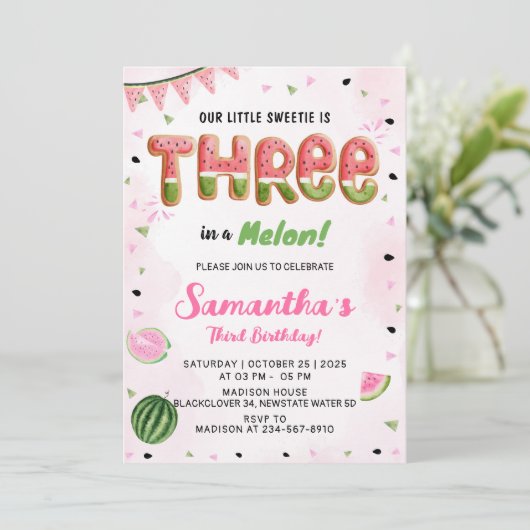 Watermeloen 3e verjaardagsfeest uitnodiging (Staand voorkant)