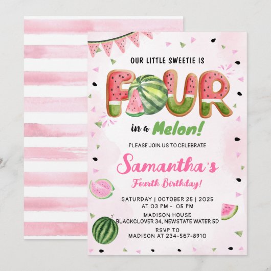 Watermeloen 4e Verjaardag Feest Uitnodiging (Voorkant / Achterkant)