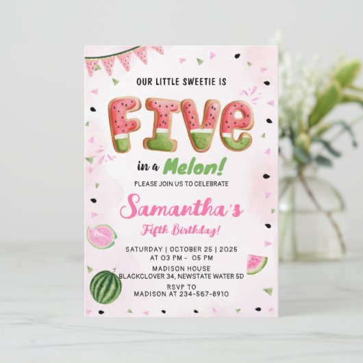 Watermeloen 5e Verjaardagsfeestuitnodiging Kaart (Staand voorkant)