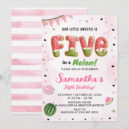 Watermeloen 5e Verjaardagsfeestuitnodiging Kaart (Voorkant / Achterkant)