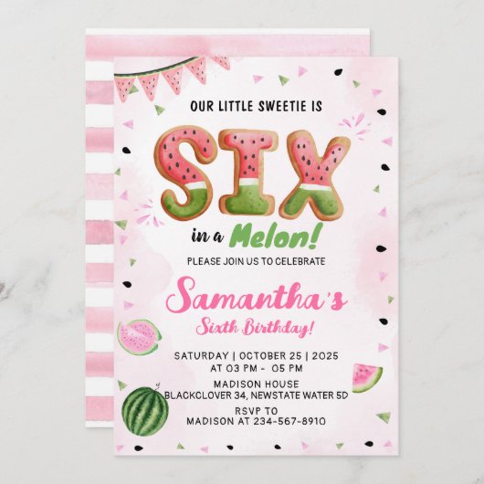 Watermeloen 6h Verjaardagsfeestuitnodiging Kaart (Voorkant / Achterkant)