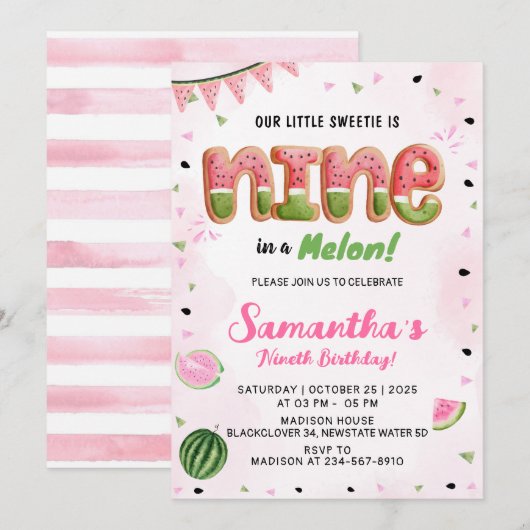 Watermeloen 9e Verjaardagsfeest Uitnodiging (Voorkant / Achterkant)