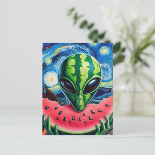 watermeloen alien briefkaart (Staand voorkant)