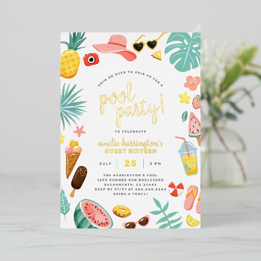 Watermeloen, ananas en tropische bladeren Pool Par Folie Uitnodiging (Staand Voorkant)