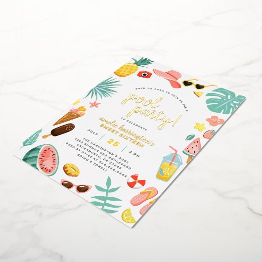 Watermeloen, ananas en tropische bladeren Pool Par Folie Uitnodiging (Gedraaid)