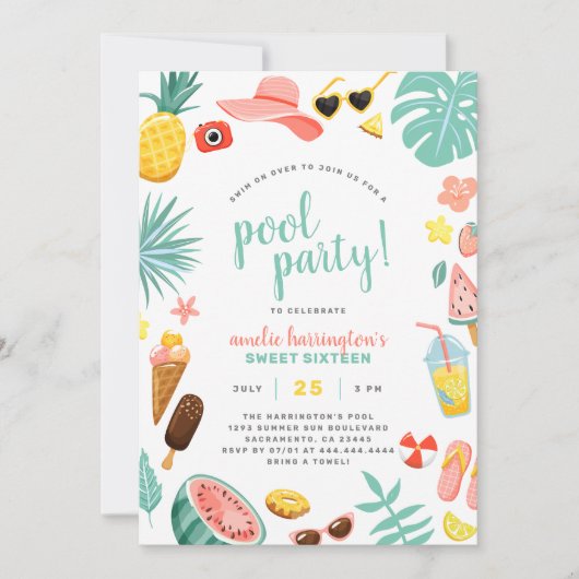 Watermeloen, ananas en tropische bladeren Pool Par Kaart (Voorkant)