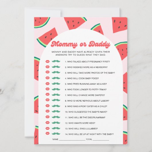 Watermeloen Baby shower Mama of Daddy Game Kaart (Voorkant)
