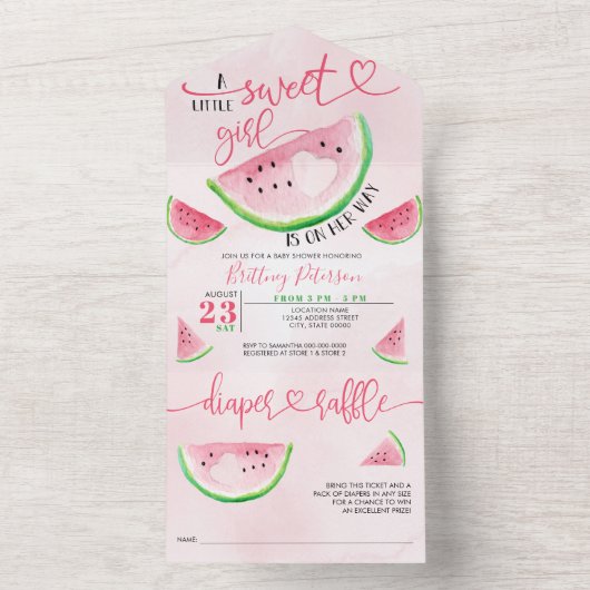 Watermeloen Baby shower Roze Luier Raffle All In One Uitnodiging (Binnen)