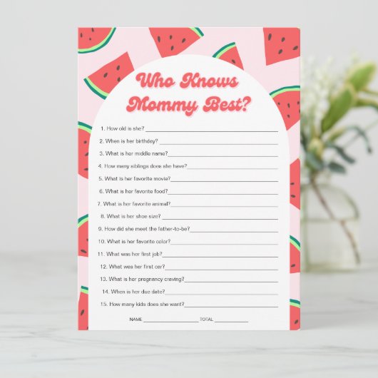 Watermeloen Baby shower Wie kent mama beste Kaart (Staand voorkant)