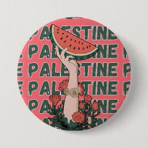 Watermeloen, bloemen en Palestijnse tekst Herhaal Ronde Button 7,6 Cm