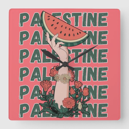 Watermeloen, bloemen en Palestijnse tekst Herhaal Vierkante Klok (Voorkant)