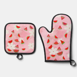 "Watermeloen Bloom – Leuke zomer Bloemen Patroon" Ovenwant & Pannenlap Set