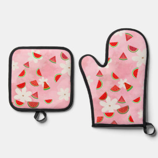 "Watermeloen Bloom – Leuke zomer Bloemen Patroon" Ovenwant & Pannenlap Set