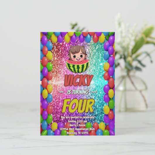 Watermeloen cartoon verjaardagsuitnodiging voor ki kaart (Staand voorkant)