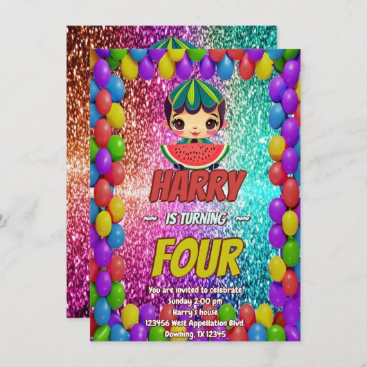 Watermeloen cartoon verjaardagsuitnodiging voor ki kaart (Voorkant / Achterkant)