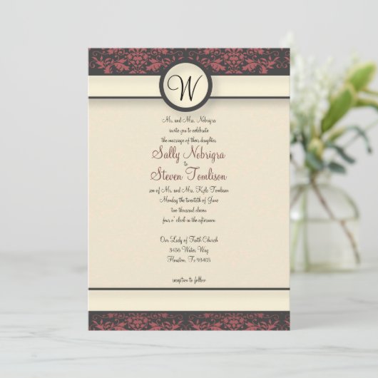 Watermeloen & Crème Damast Bruiloft Kaart (Staand voorkant)