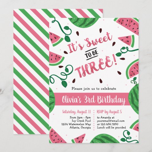 Watermeloen Derde Verjaardag Party Uitnodiging (Voorkant / Achterkant)