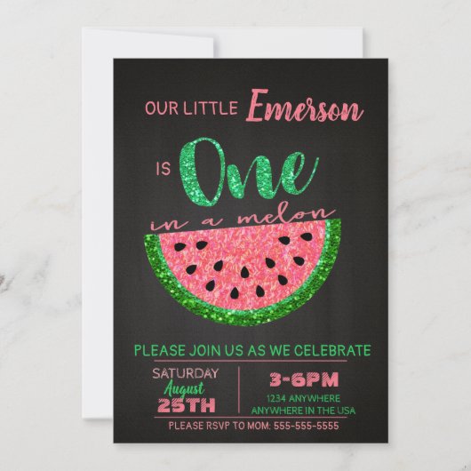Watermeloen, een in een meloen uitnodiging Glitter (Voorkant)