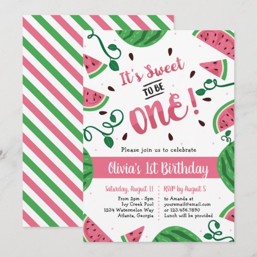 Watermeloen Eerste Verjaardagsfeestuitnodiging Kaart (Voorkant / Achterkant)