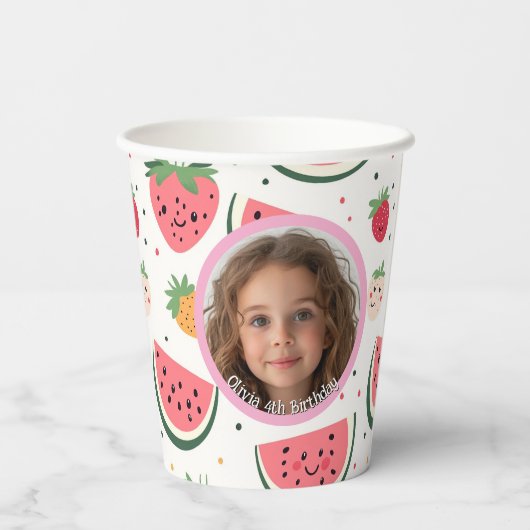 Watermeloen en aardbeien foto en naam Papier Papieren Bekers (Achterkant)