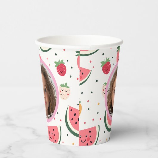 Watermeloen en aardbeien foto en naam Papier Papieren Bekers (Rechts)