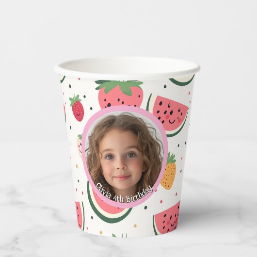 Watermeloen en aardbeien foto en naam Papier Papieren Bekers (Voorkant)