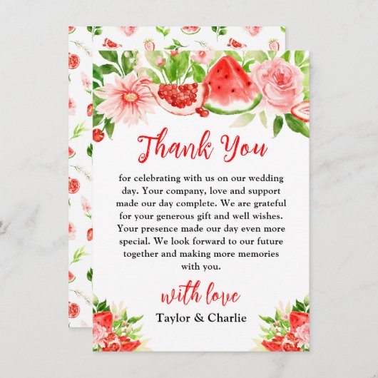 Watermeloen en granaatappel bruiloft bedankkaart (Voorkant / Achterkant)