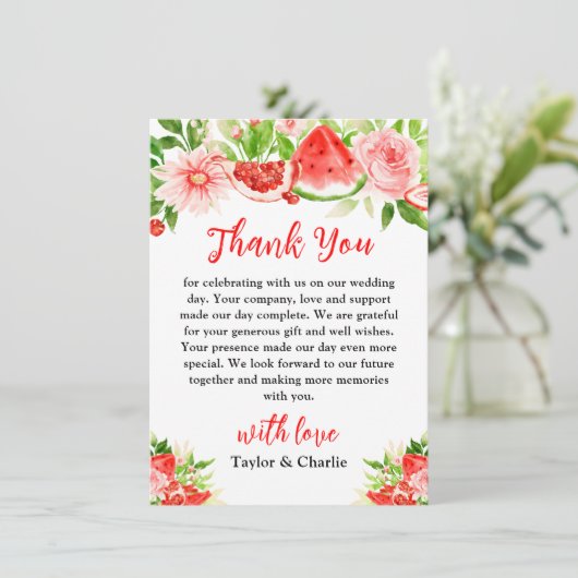 Watermeloen en granaatappel bruiloft bedankkaart (Staand voorkant)