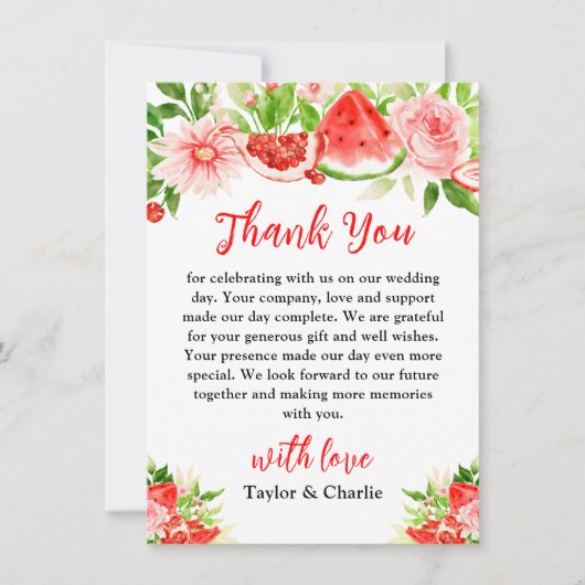 Watermeloen en granaatappel bruiloft bedankkaart (Voorkant)