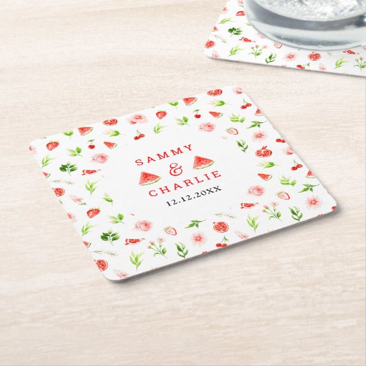 Watermeloen en granaatappel bruiloft kartonnen onderzetters (Schuin)