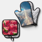 Watermeloen en wolken ovenwant & pannenlap set (Voorkant / Achterkant)