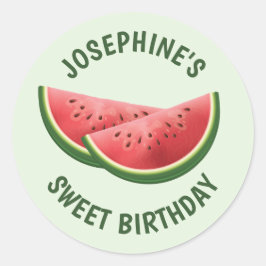 Watermeloen Fruit Slices op Groene en Tekst Verjaa Ronde Sticker