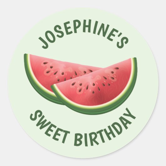 Watermeloen Fruit Slices op Groene en Tekst Verjaa Ronde Sticker (Voorkant)