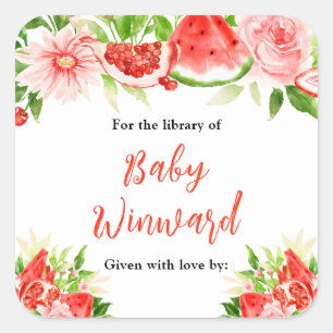 Watermeloen Granaatappel Baby Shower Ex-Libris Vierkante Sticker