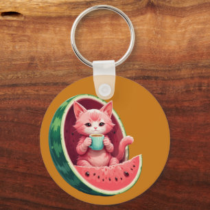 Watermeloen Kat Koffiepauze Sleutelhanger