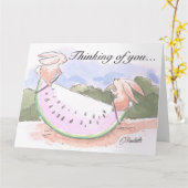 Watermeloen Konijnen Thinking of You Kaart (Gele Bloem)