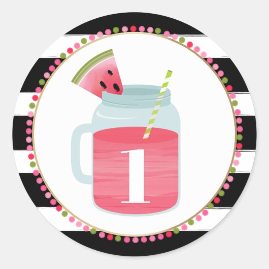 Watermeloen Mason Jar Drink Zwart + Wit Verjaardag Ronde Sticker (Voorkant)