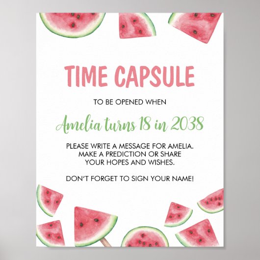 Watermeloen Meisje Verjaardag Tijd Capsule Teken Poster (Voorkant)