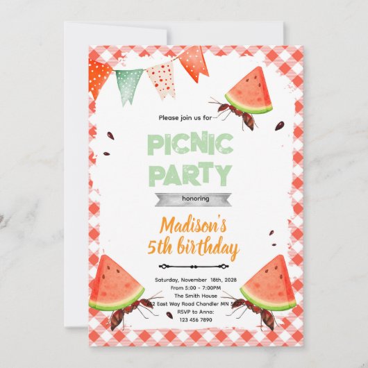 Watermeloen mier picknick feest uitnodiging (Voorkant)