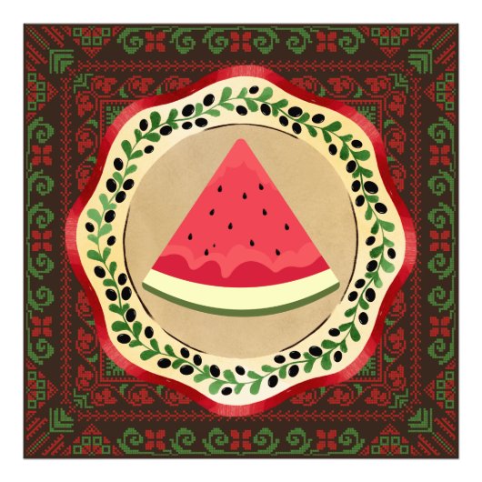 watermeloen op olijf bord met palestijnse tatreez foto afdruk (Voorkant)