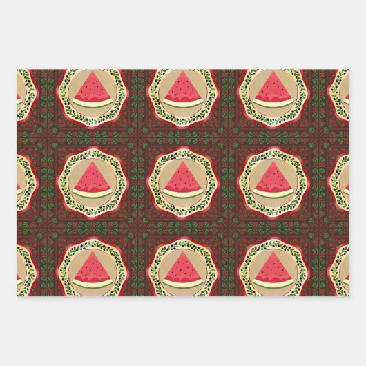 watermeloen op olijf bord met palestijnse tatreez inpakpapier vel (Voorkant)