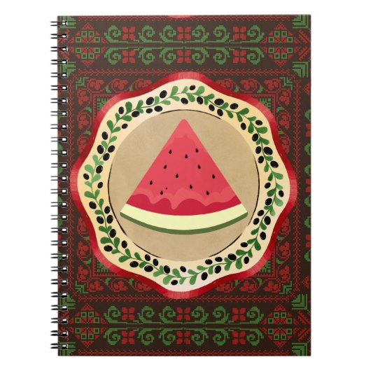watermeloen op olijf bord met palestijnse tatreez notitieboek (Voorkant)