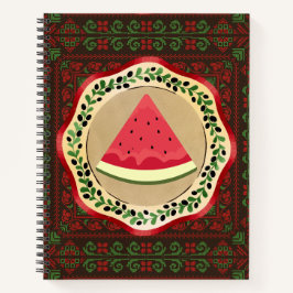 watermeloen op olijf bord met palestijnse tatreez notitieboek