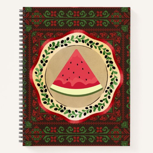 watermeloen op olijf bord met palestijnse tatreez notitieboek (Voorkant)