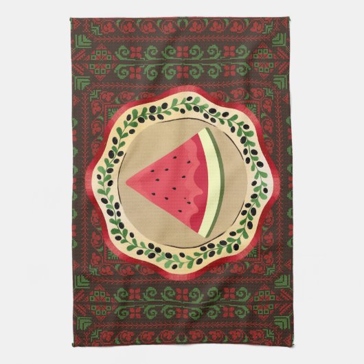watermeloen op olijf bord met palestijnse tatreez theedoek (Verticaal)