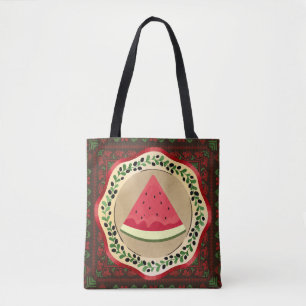 watermeloen op olijf bord met palestijnse tatreez tote bag