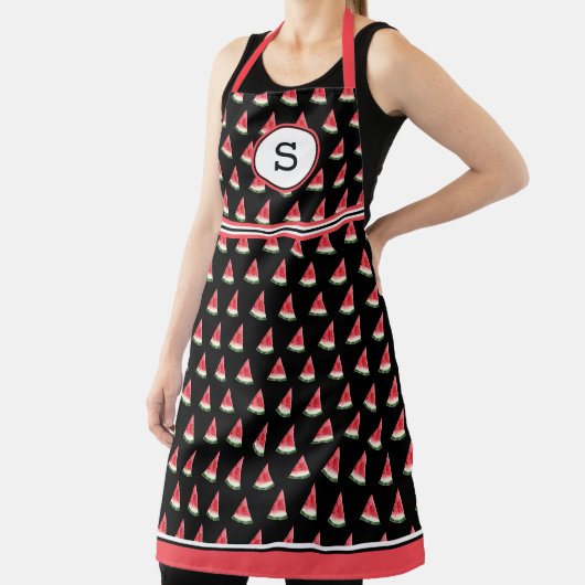 Watermeloen op zwart monogram schort (Insitu)